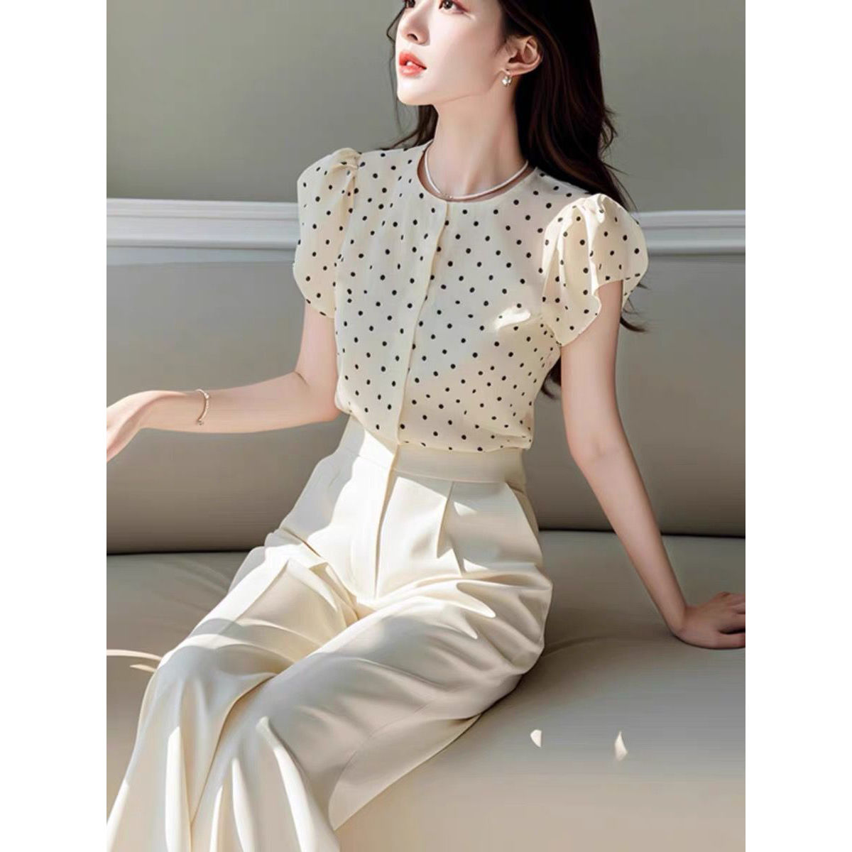 新しい夏のエレガントな女性のツーピースセット O ネックパフ - Wide Leg Palazzo Pants のレビューと価格