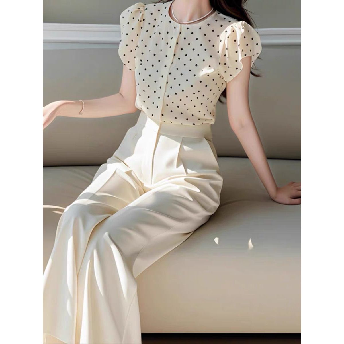 新しい夏のエレガントな女性のツーピースセット O ネックパフ - Wide Leg Palazzo Pants のレビューと価格