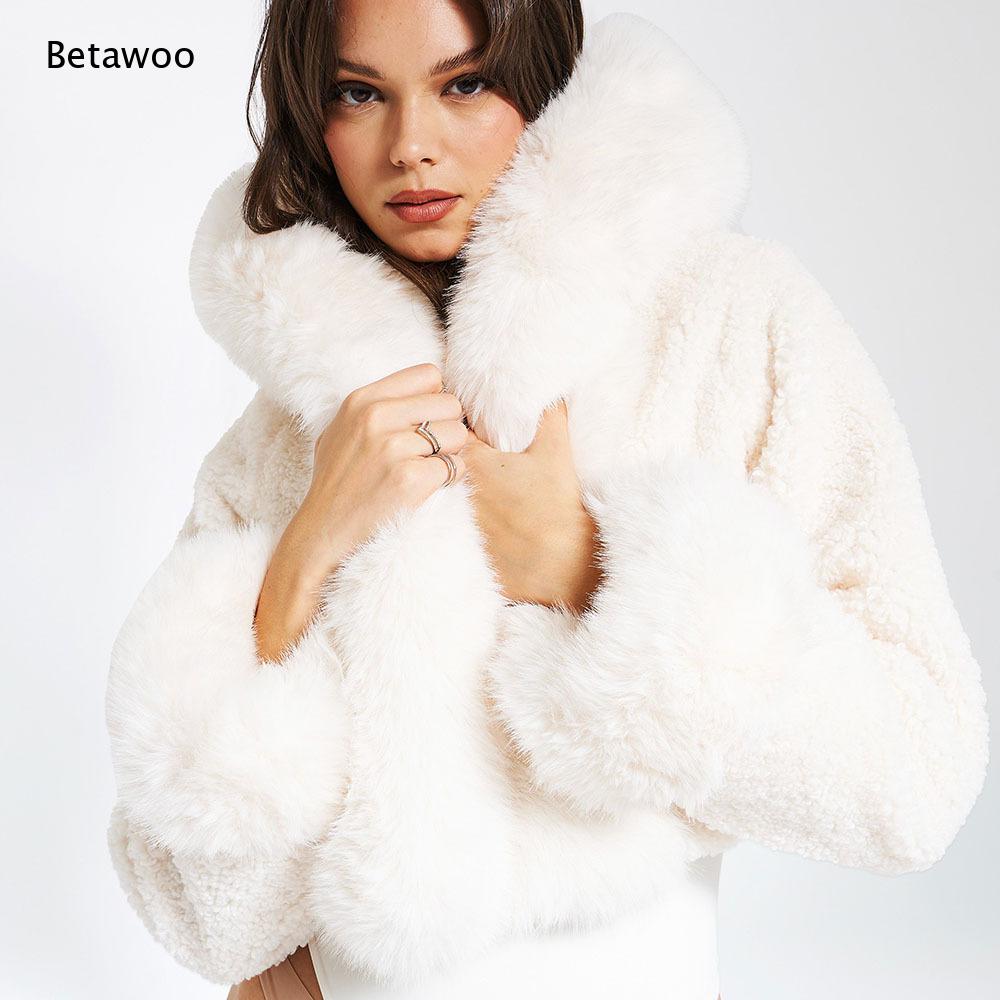 レディースフェイクファートリムビッグカラークロップドテディジ - Sherpa Coat Women のレビューと価格