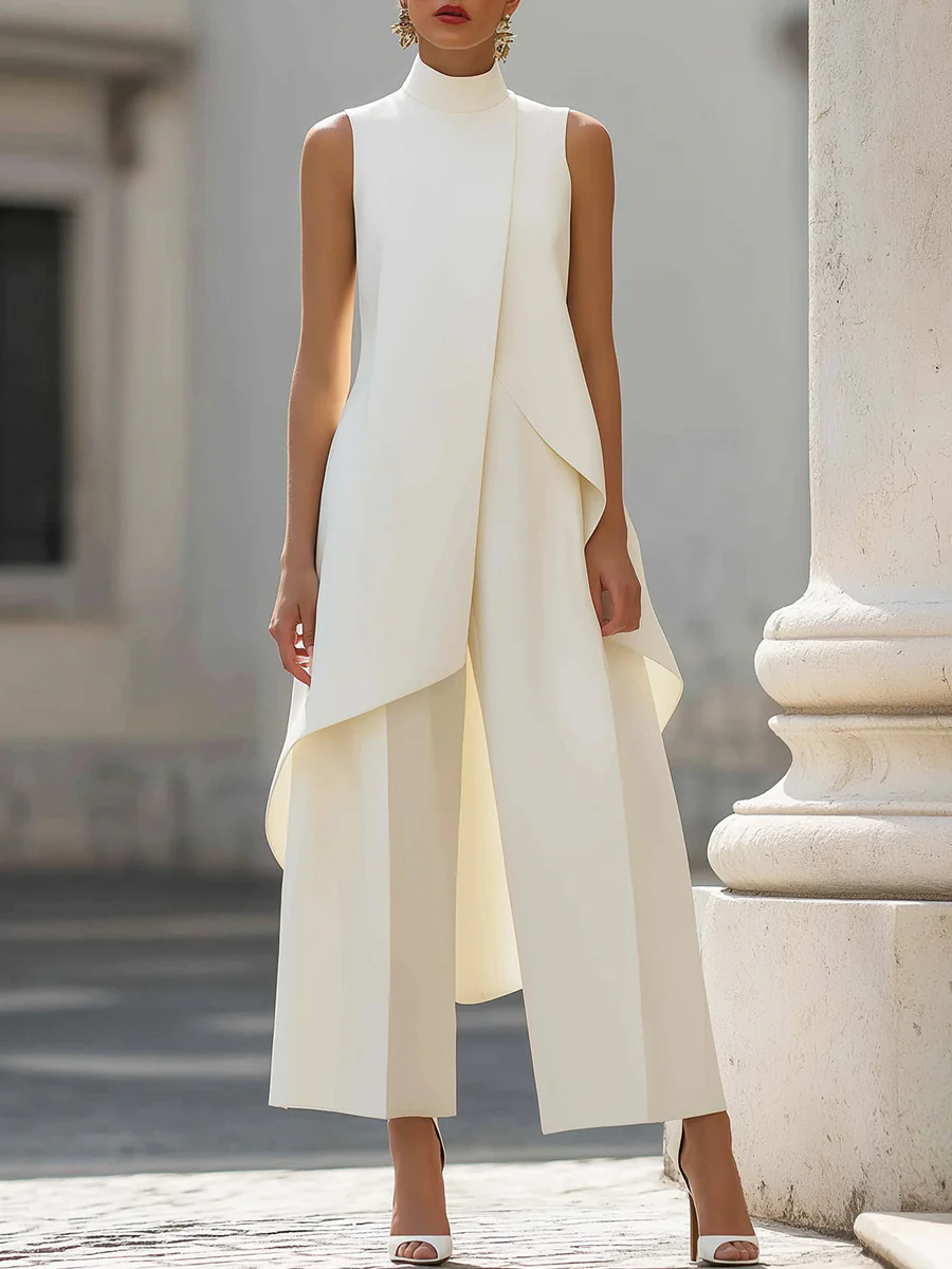 女性用スタンドネックノースリーブレイヤードロングベストとワイ - Wide Leg Palazzo Pants のレビューと価格