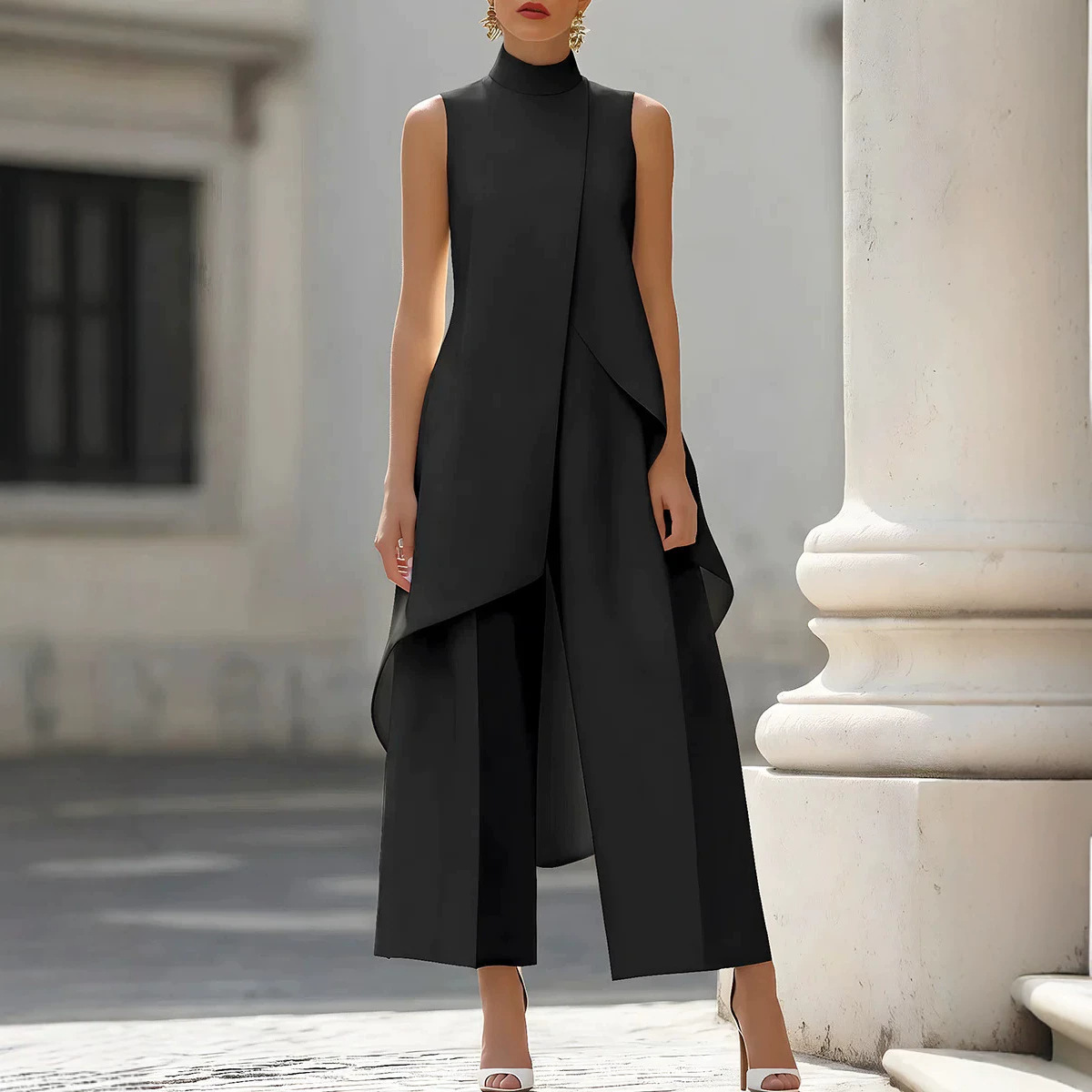 女性用スタンドネックノースリーブレイヤードロングベストとワイ - Wide Leg Palazzo Pants のレビューと価格