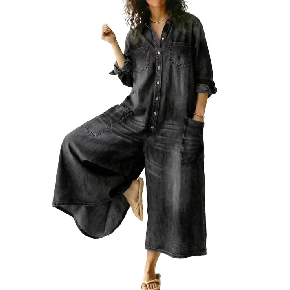 レディースオーバーサイズデニムジャンプスーツ長袖ボタンフロン - Women'S Fashion Overalls のレビューと価格