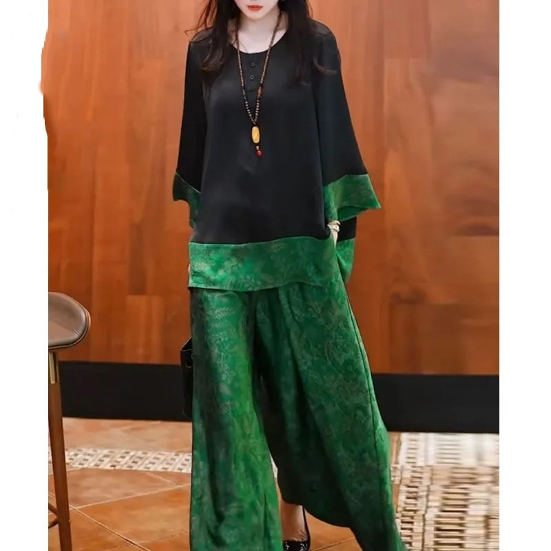 夏の女性用ルーズサテンアウトフィット韓国レディースレジャー7 - Wide Leg Palazzo Pants のレビューと価格