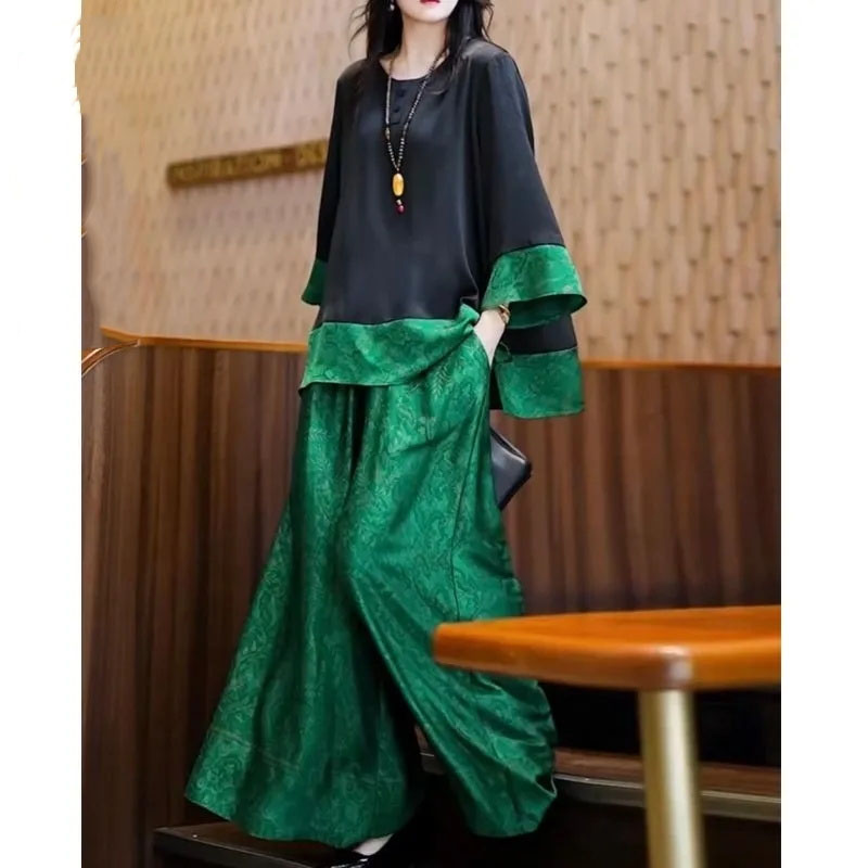 夏の女性用ルーズサテンアウトフィット韓国レディースレジャー7 - Wide Leg Palazzo Pants のレビューと価格