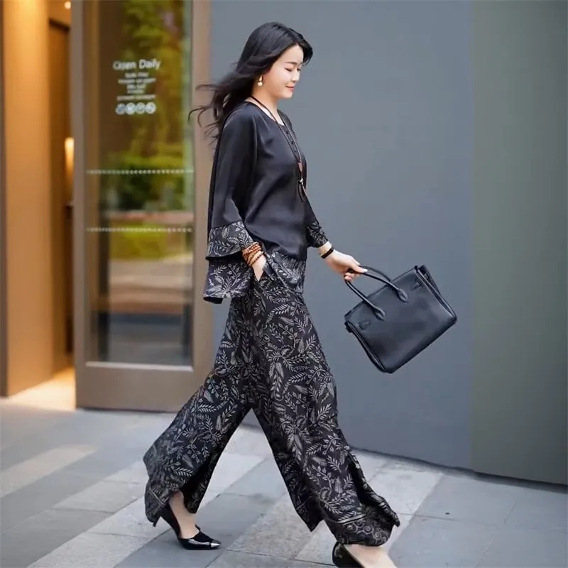 夏の女性用ルーズサテンアウトフィット韓国レディースレジャー7 - Wide Leg Palazzo Pants のレビューと価格