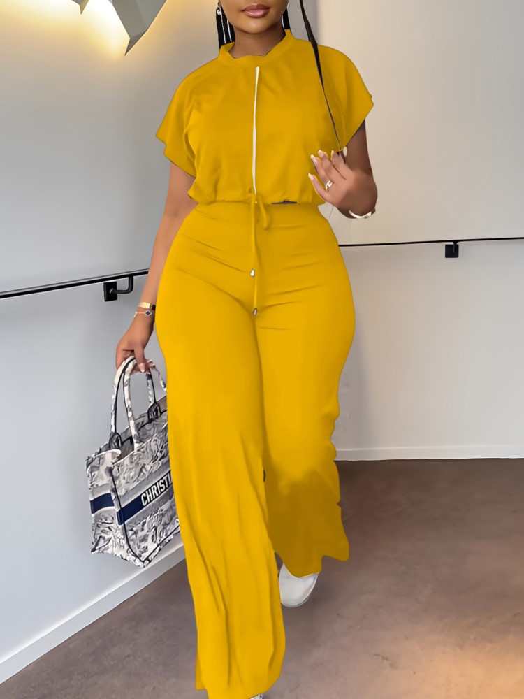 女性カジュアルラウンドネック巾着半袖トップ & ハイウエスト - Wide Leg Palazzo Pants のレビューと価格
