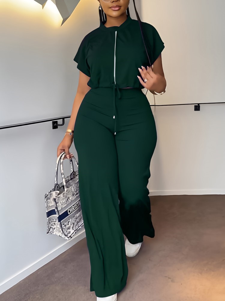 女性カジュアルラウンドネック巾着半袖トップ & ハイウエスト - Wide Leg Palazzo Pants のレビューと価格