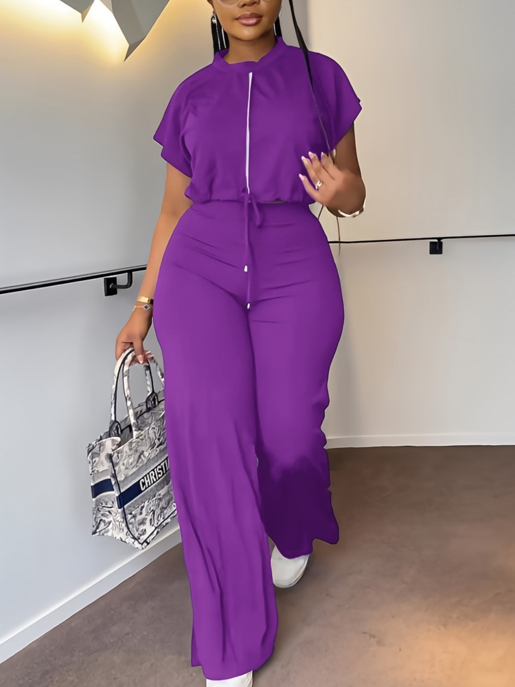 女性カジュアルラウンドネック巾着半袖トップ & ハイウエスト - Wide Leg Palazzo Pants のレビューと価格