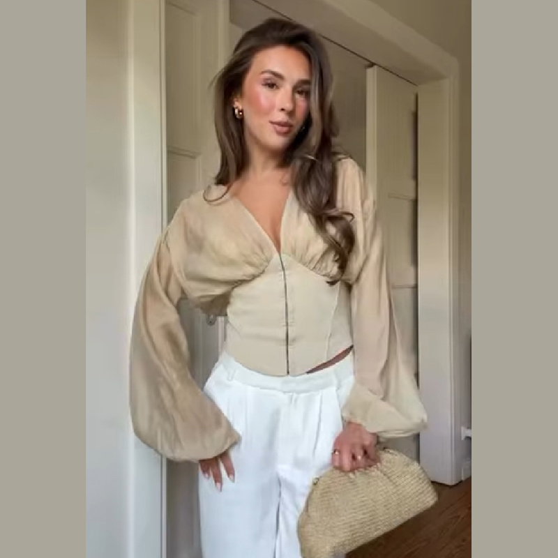レディースシックなVネックパフロングスリーブコルセットブラウ - Women Fashion Outfits のレビューと価格