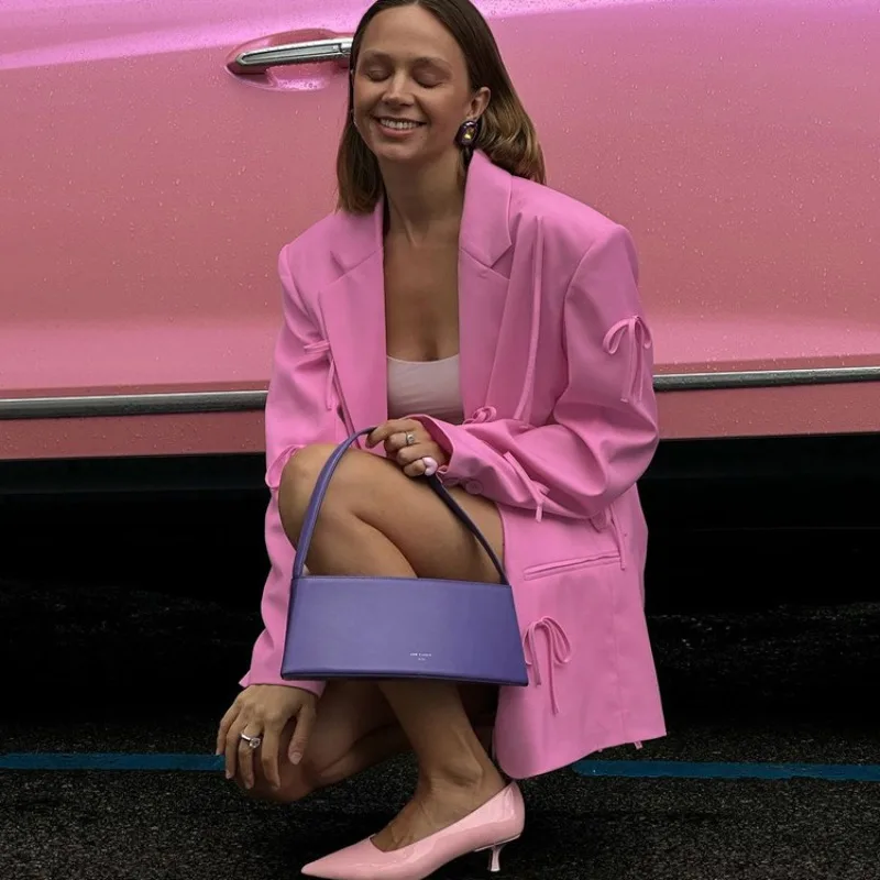 女性用シングルブレストスーツ,ピンクのリボンブレザー,長袖ジ - Velvet Blazer Women のレビューと価格