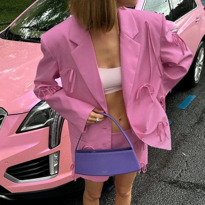 女性用シングルブレストスーツ,ピンクのリボンブレザー,長袖ジ - Velvet Blazer Women のレビューと価格