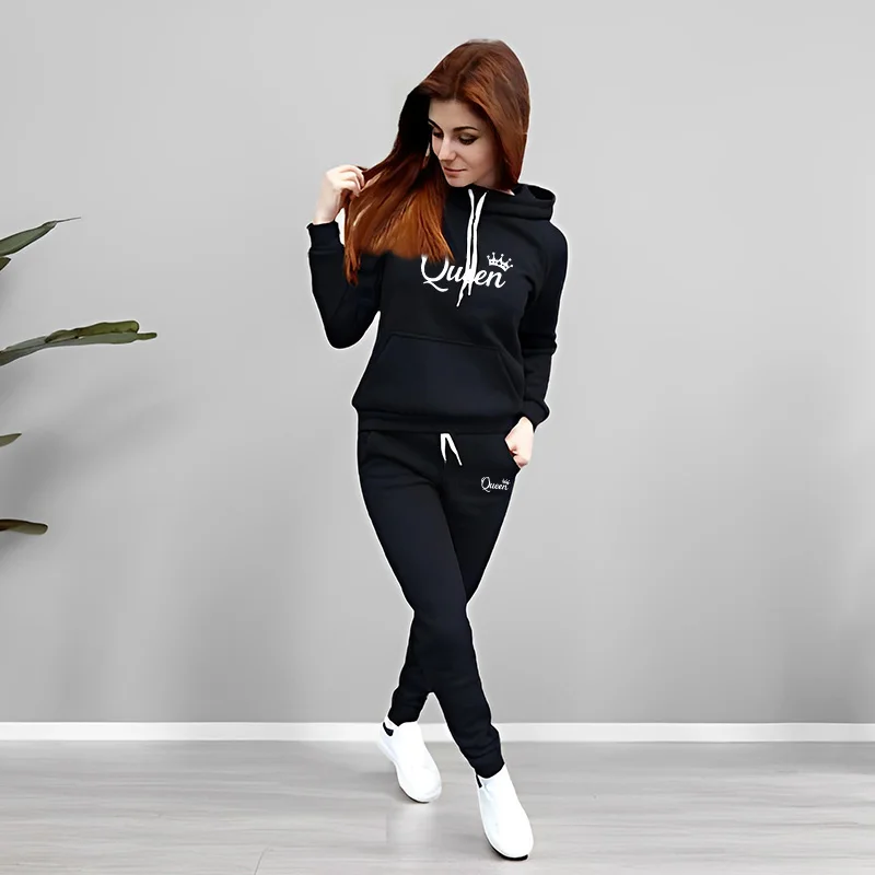 レディーストラックスーツ クイーンレタープリント フード付き - Women Fashion Outfits のレビューと価格