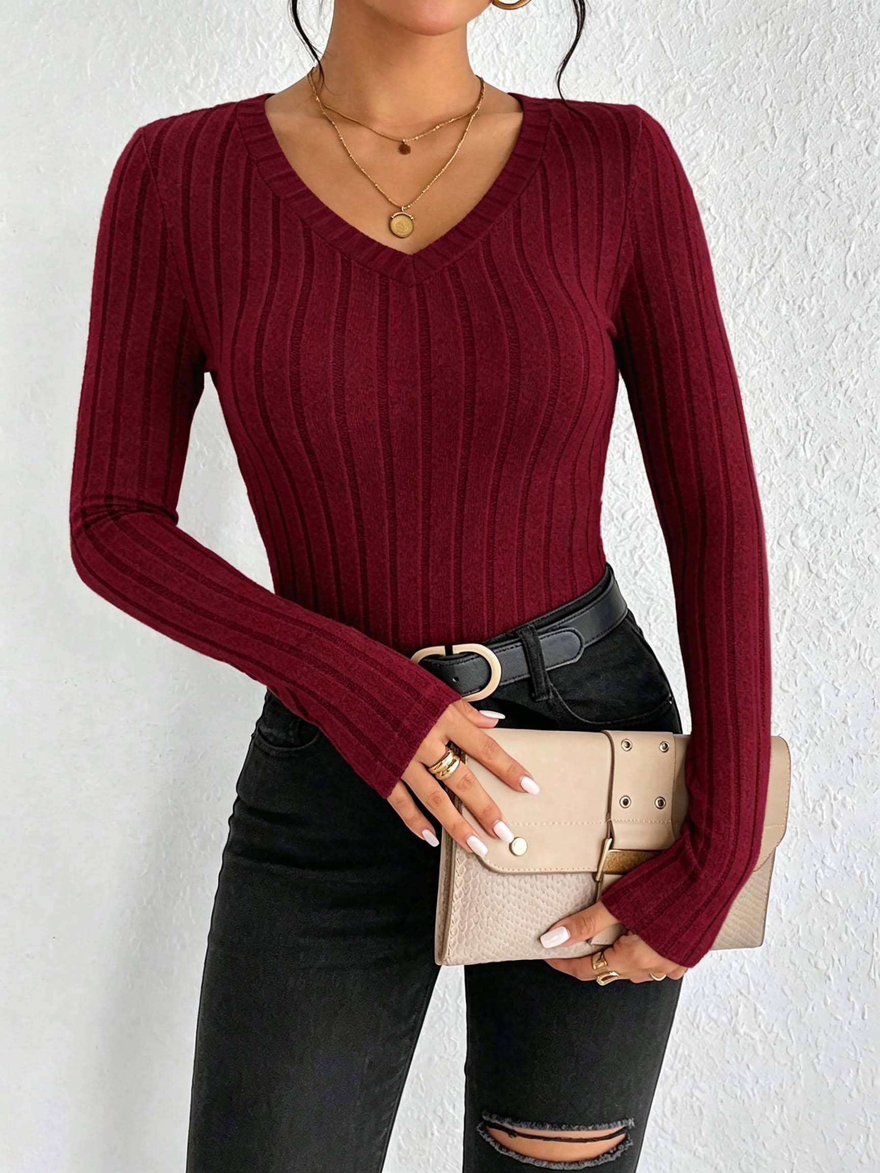 レディース無地Vネックリブニットトップ、スリムフィットストレ - Trend Women Fashion のレビューと価格