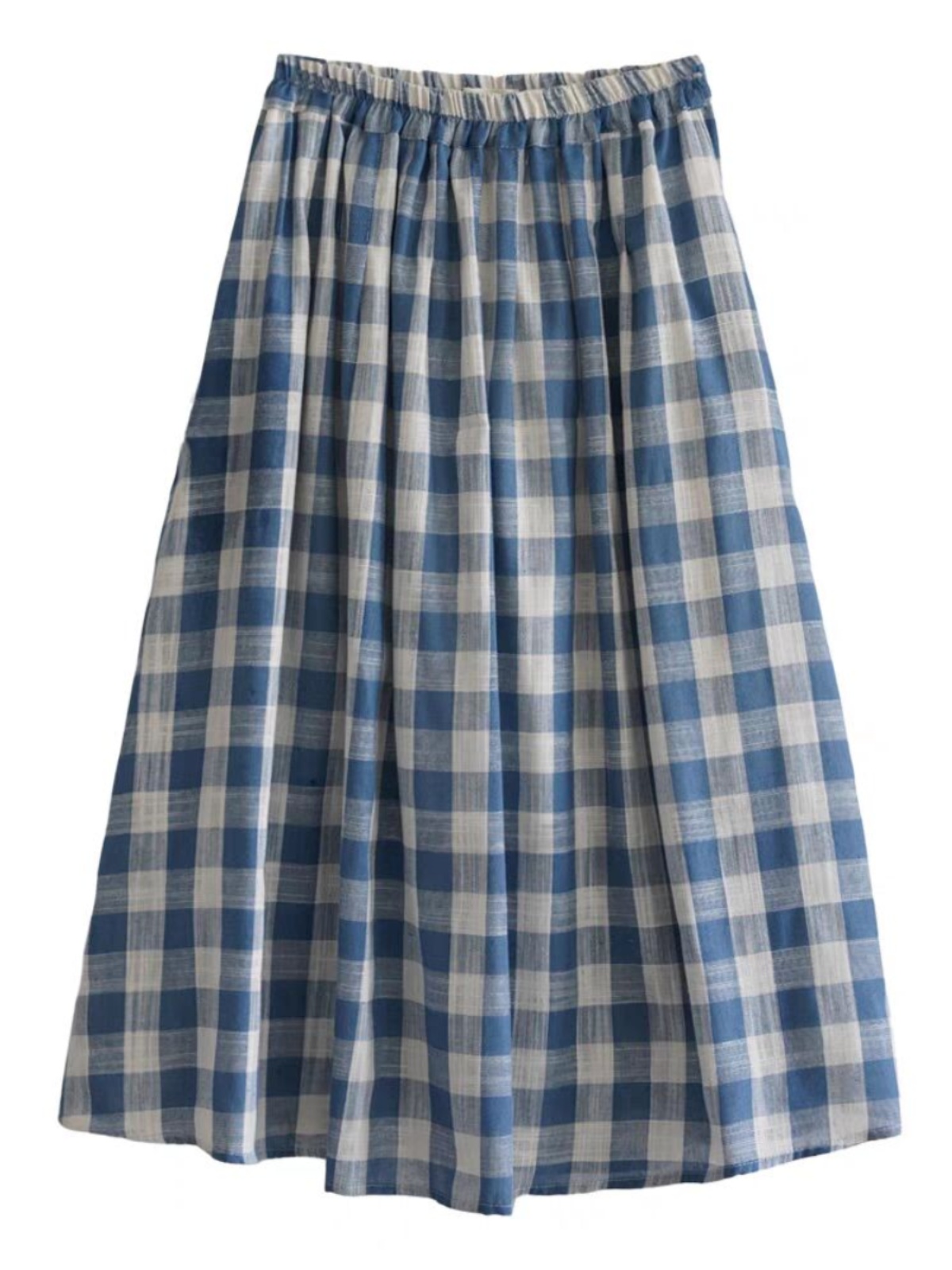 レトロ竹繊維コットンミディスカートルーズブルーチェック柄Aラ - A-Line Skirt Midi のレビューと価格