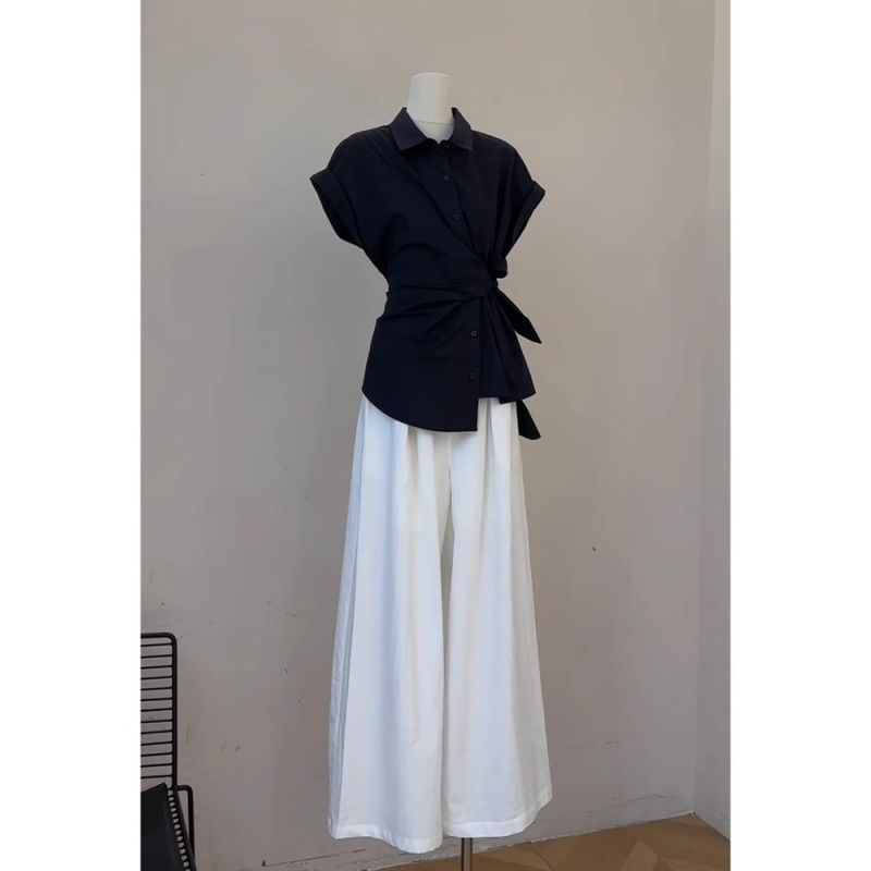 女性の夏黒包帯蝶結びシャツ白ワイドレッグパンツ 2 点セット - Wide Leg Palazzo Pants のレビューと価格
