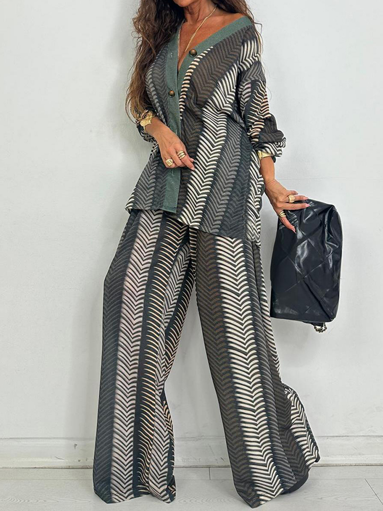 新しいシックなVネック長袖プリントホリデーボタンカーディガン - Wide Leg Palazzo Pants のレビューと価格