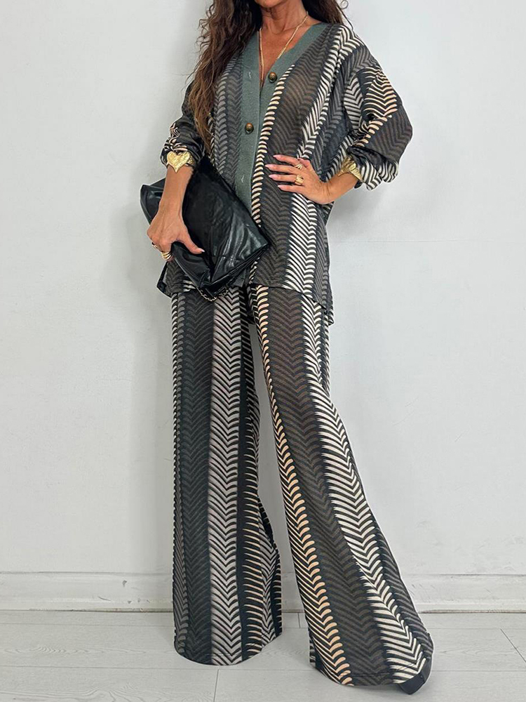 新しいシックなVネック長袖プリントホリデーボタンカーディガン - Wide Leg Palazzo Pants のレビューと価格