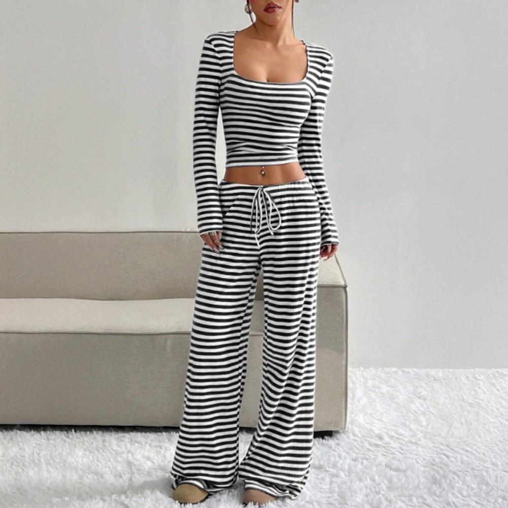 レディース ストライプ柄 ツーピースセット 長袖 スクエアネ - Wide Leg Palazzo Pants のレビューと価格