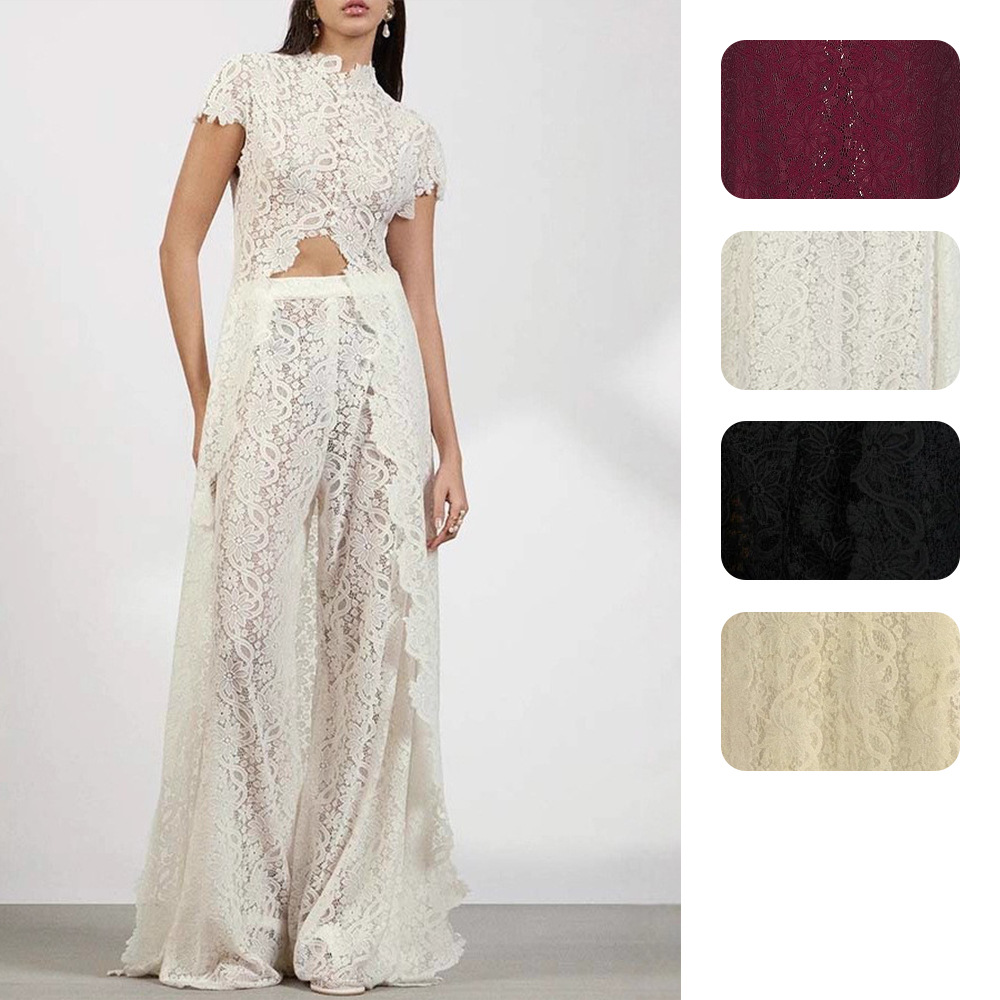 レディースレース2ピースパンツセット、モックネックキャップス - Wide Leg Palazzo Pants のレビューと価格