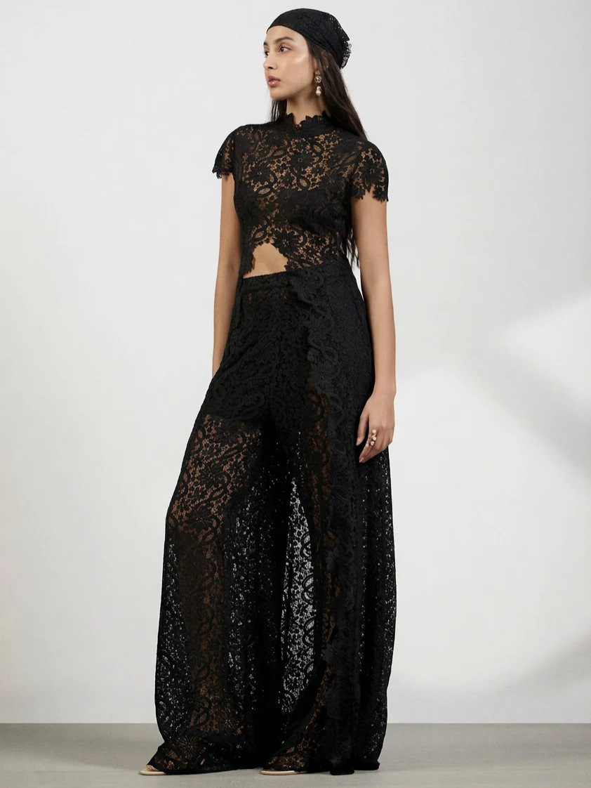 レディースレース2ピースパンツセット、モックネックキャップス - Wide Leg Palazzo Pants のレビューと価格