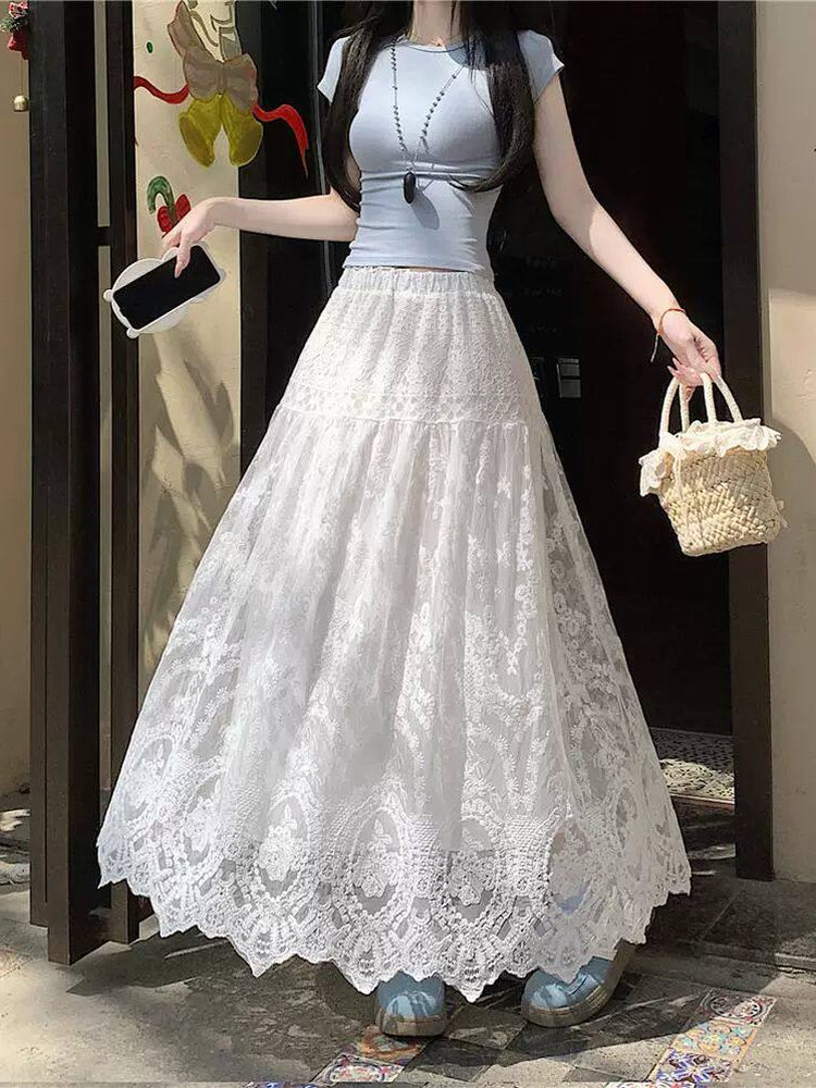 プラスサイズの女性のハイウエストレースフック装飾Aラインミデ - A-Line Skirt Midi のレビューと価格