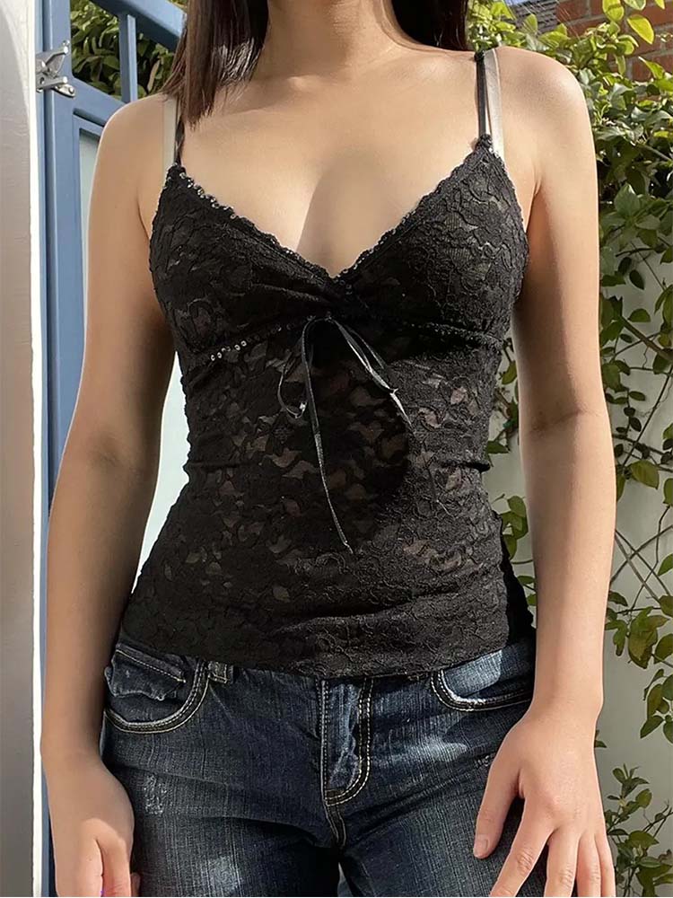 黒のシースルーレースキャミクロップトップス レディース サマ - V Neck Cami Top のレビューと価格