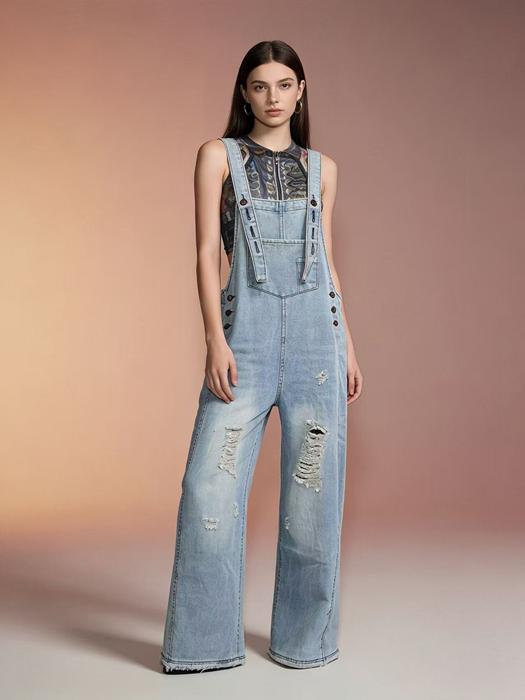 ファッションレトロリッピング加工デニムオーバーオール レディ - Women'S Fashion Overalls のレビューと価格