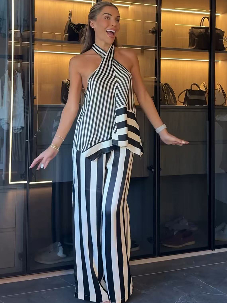 TFMLN 2026 レディース ストライプ ホルターネック - Wide Leg Palazzo Pants のレビューと価格
