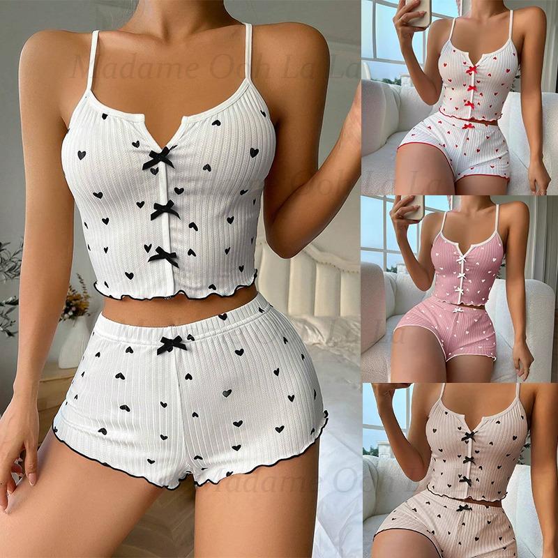 セクシーなハートプリントパジャマセット女性用寝間着シルクステ - V Neck Cami Top のレビューと価格
