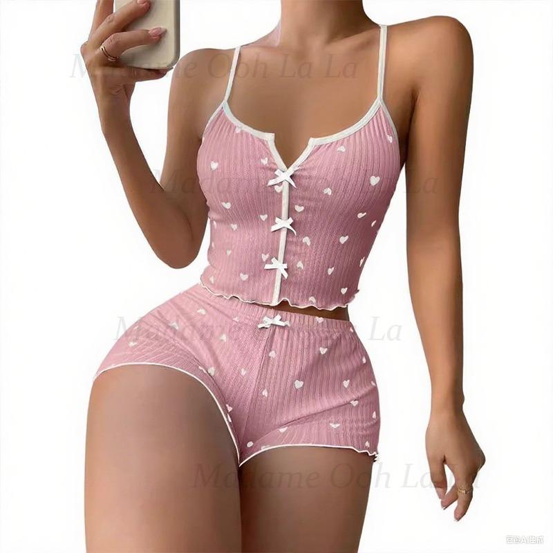 セクシーなハートプリントパジャマセット女性用寝間着シルクステ - V Neck Cami Top のレビューと価格