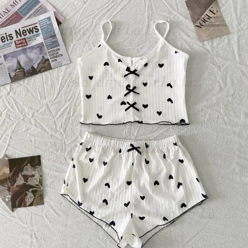 セクシーなハートプリントパジャマセット女性用寝間着シルクステ - V Neck Cami Top のレビューと価格