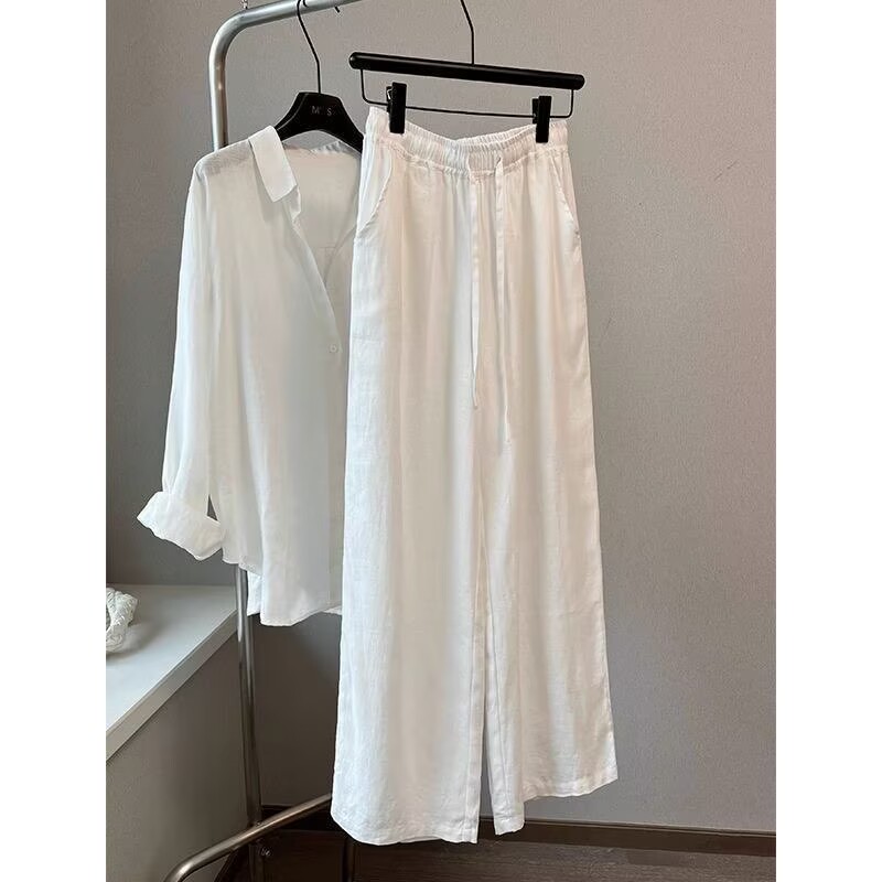 韓国白綿リネンワイドレッグパンツシャツセット女性のルーズファ - Wide Leg Palazzo Pants のレビューと価格