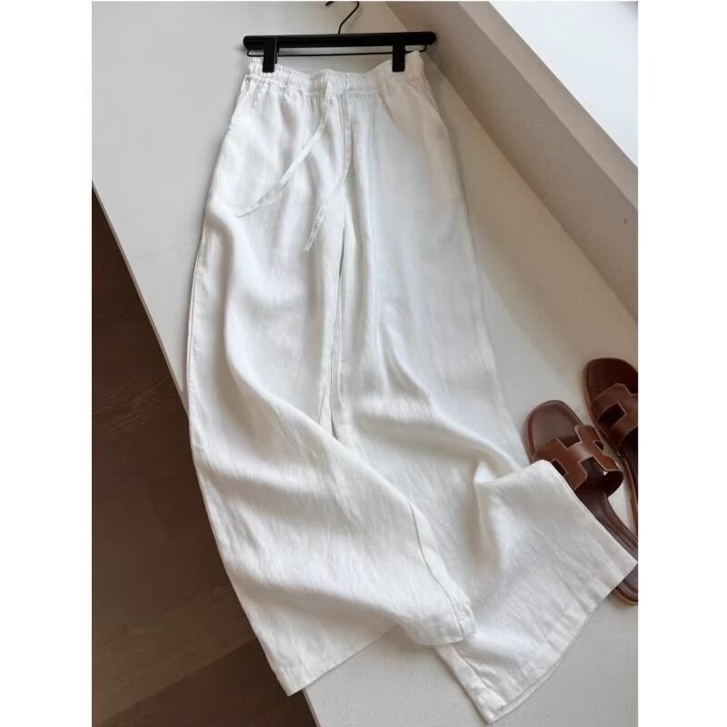 韓国白綿リネンワイドレッグパンツシャツセット女性のルーズファ - Wide Leg Palazzo Pants のレビューと価格
