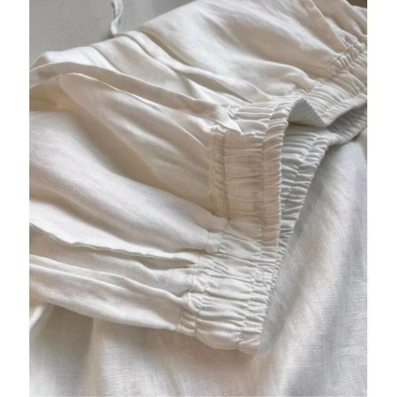 韓国白綿リネンワイドレッグパンツシャツセット女性のルーズファ - Wide Leg Palazzo Pants のレビューと価格
