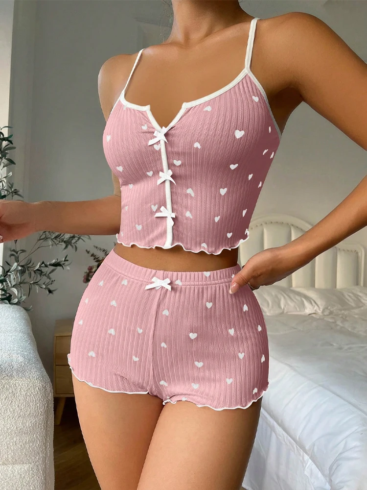 2026年新作セクシーハートプリントパジャマセット 女性用ス - V Neck Cami Top のレビューと価格