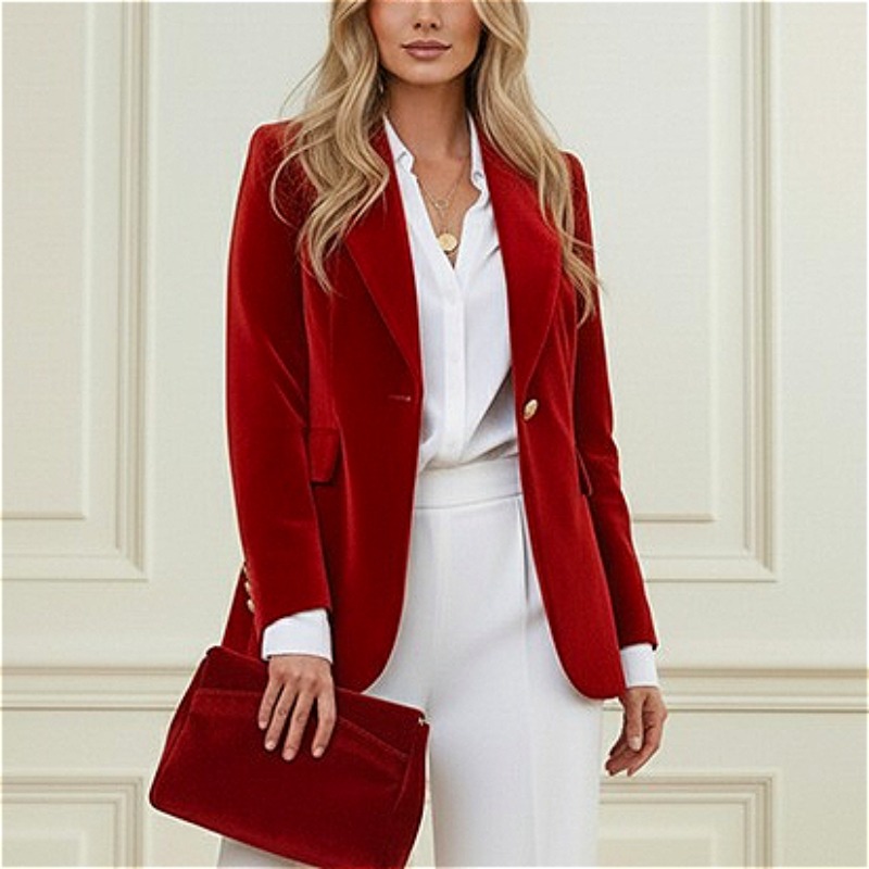 2026年秋新作 シングルゴールドボタン ベルベットブレザー - Velvet Blazer Women のレビューと価格