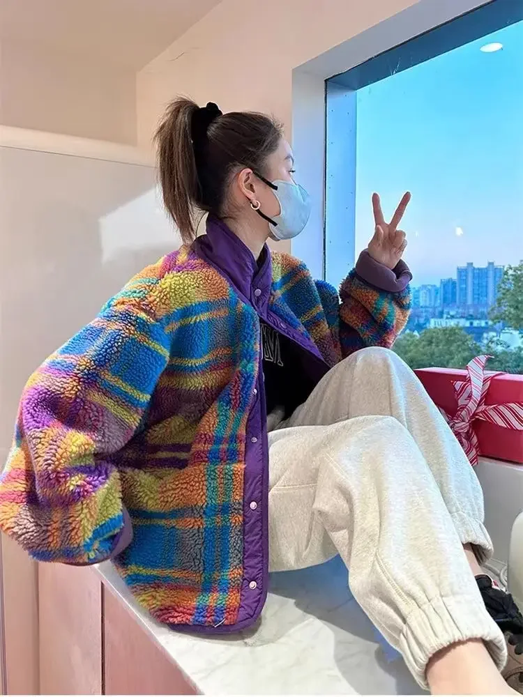 女性コートポーラーフリースチェック柄秋冬ファッション厚いヴィ - Sherpa Coat Women のレビューと価格