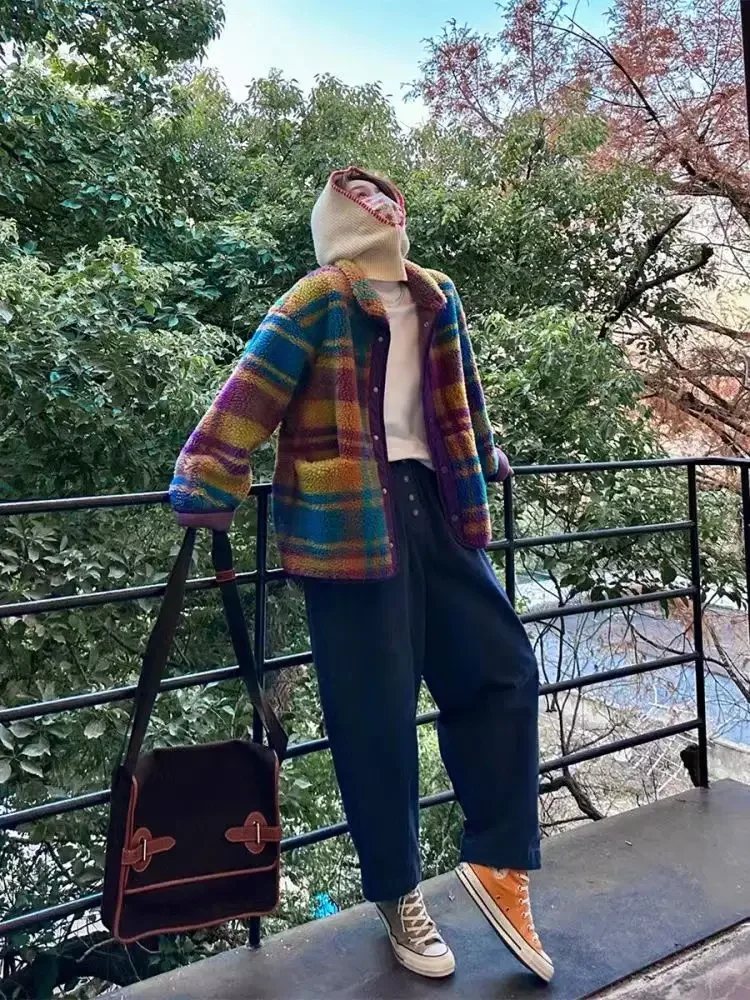 女性コートポーラーフリースチェック柄秋冬ファッション厚いヴィ - Sherpa Coat Women のレビューと価格
