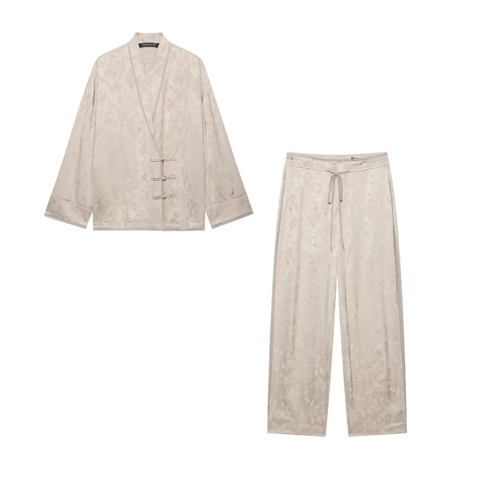 女性用花柄サテンツーピースセット Vネックフロッグボタン着物 - Wide Leg Palazzo Pants のレビューと価格