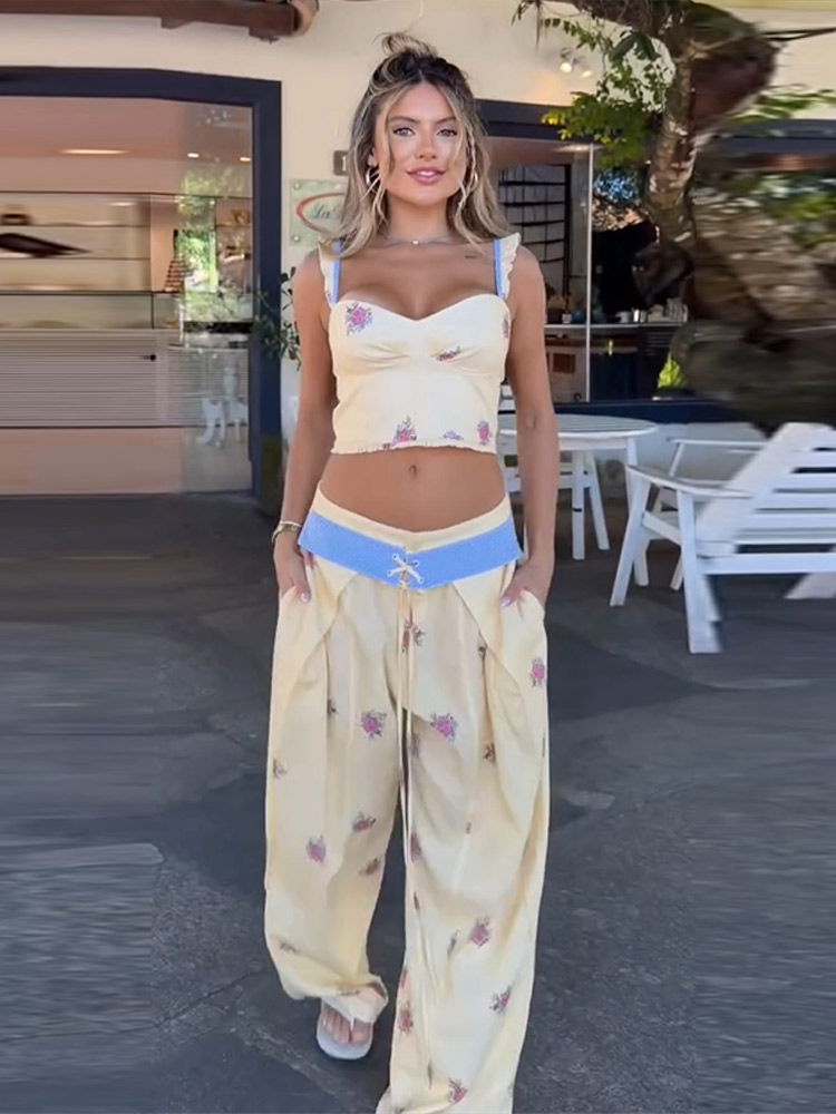 セクシーなプリントベストパンツ レディースセット エレガント - Wide Leg Palazzo Pants のレビューと価格