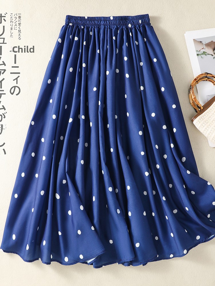 ブルーの水玉模様プリントサッシュ付き万能ミディスカート レデ - A-Line Skirt Midi のレビューと価格