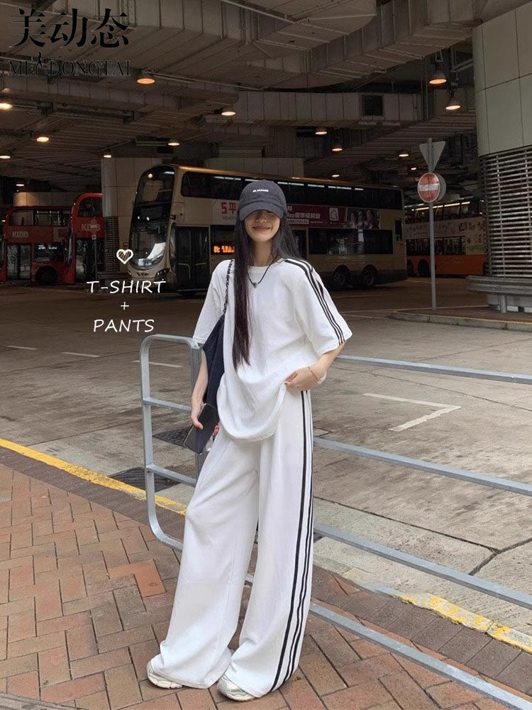 女性用半袖ストライプTシャツ,ルーズフィット,カジュアル,ワ - Wide Leg Palazzo Pants のレビューと価格