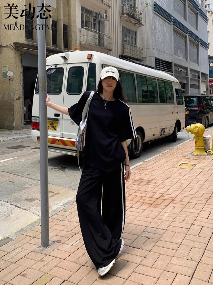 女性用半袖ストライプTシャツ,ルーズフィット,カジュアル,ワ - Wide Leg Palazzo Pants のレビューと価格