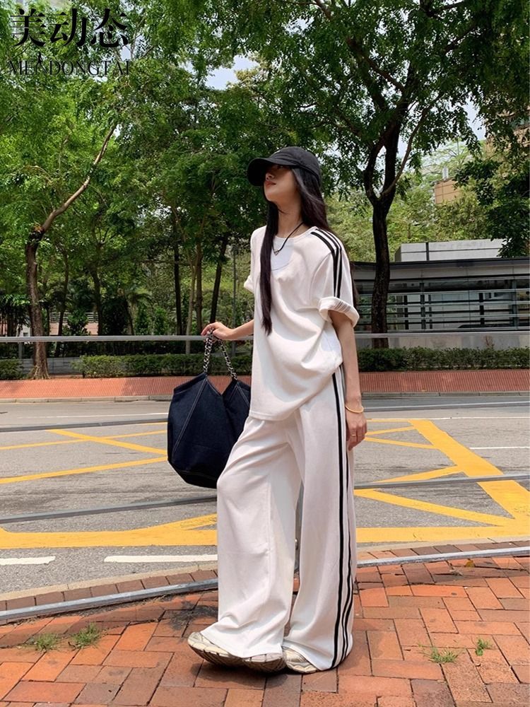 女性用半袖ストライプTシャツ,ルーズフィット,カジュアル,ワ - Wide Leg Palazzo Pants のレビューと価格