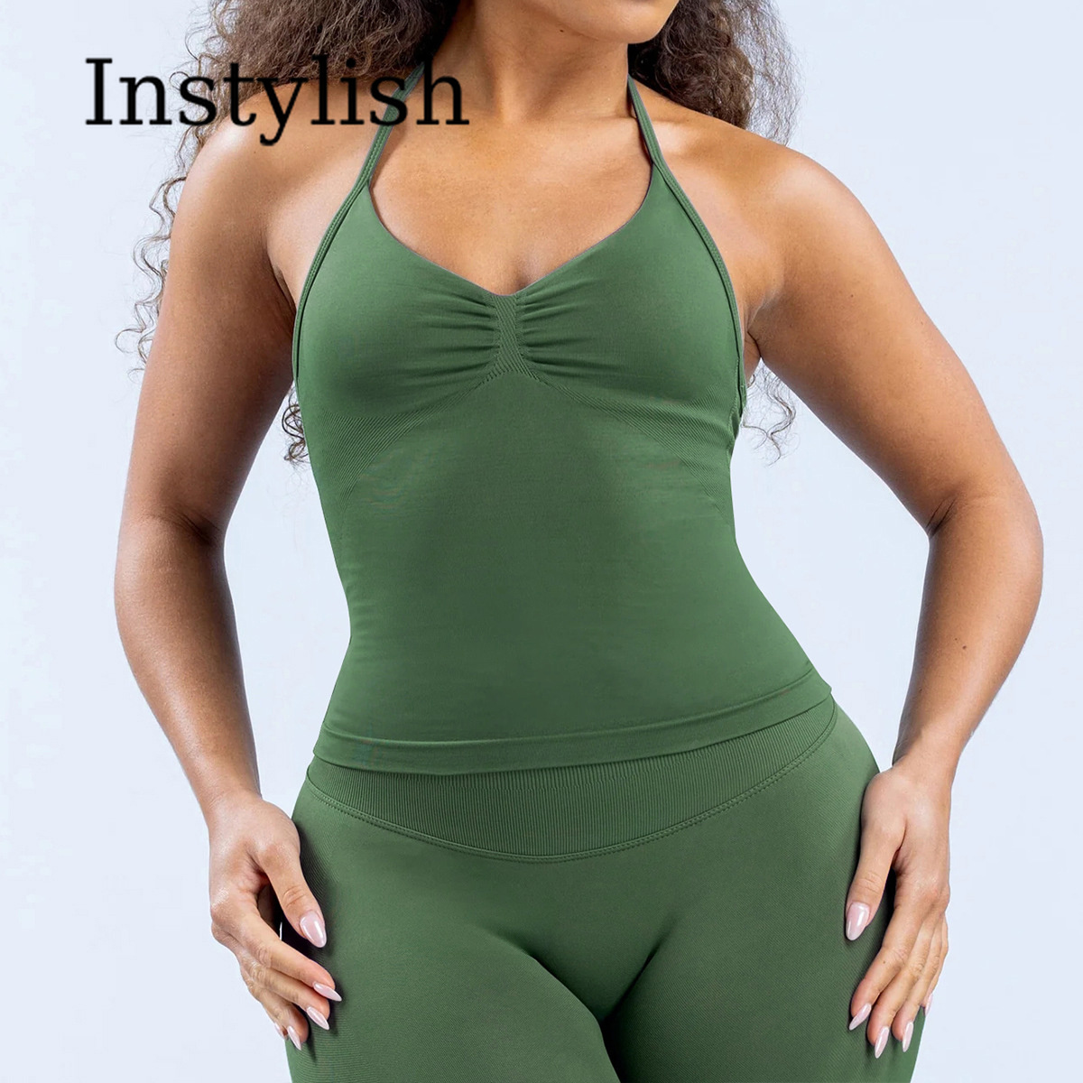 女性用シームレスヨガ2ピースセット ホルターVネック ルシュ - V Neck Cami Top のレビューと価格