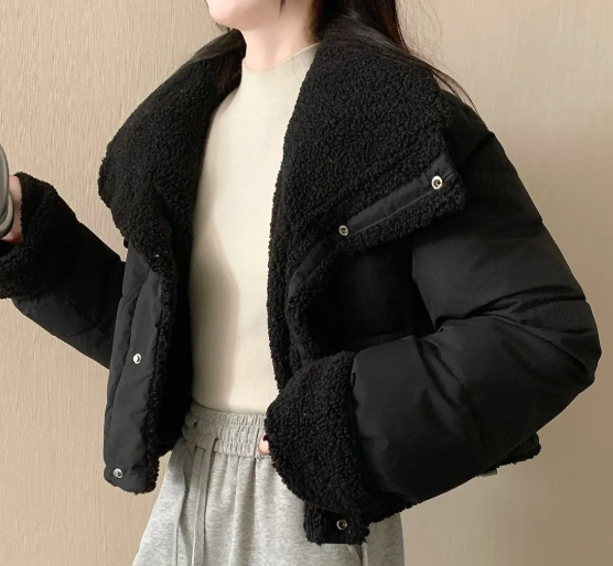女性用シェルパカラーパファージャケット 冬用暖かいクロップド - Sherpa Coat Women のレビューと価格