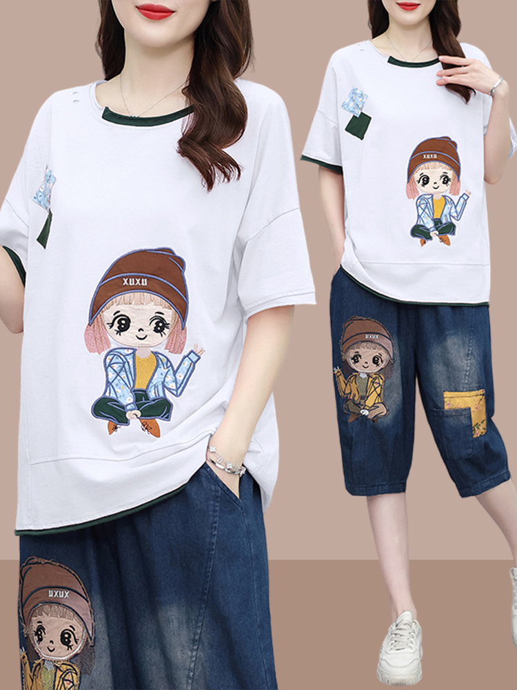 ファッショナブルなパッチワーク半袖Tシャツとハーランジーンズ - Women Fashion Over The Years のレビューと価格