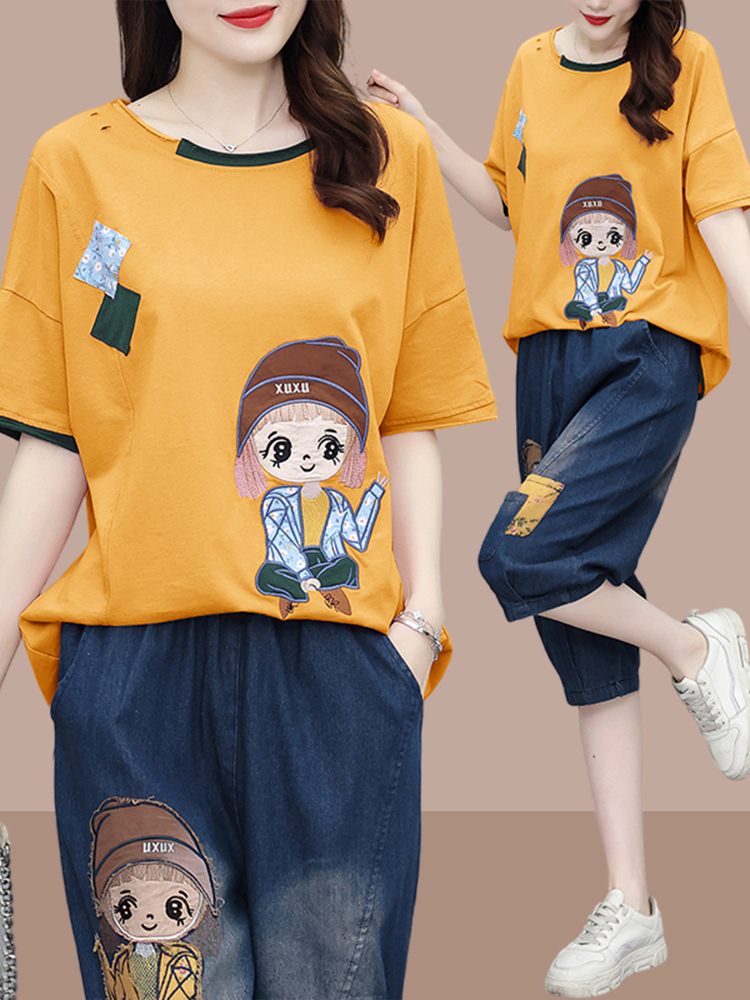 ファッショナブルなパッチワーク半袖Tシャツとハーランジーンズ - Women Fashion Over The Years のレビューと価格