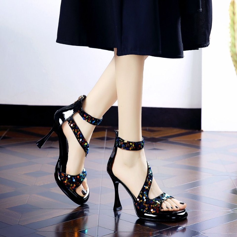 エレガントなスパンコール付きピープトゥハイヒールサンダル レ - Women Fashion Korean のレビューと価格