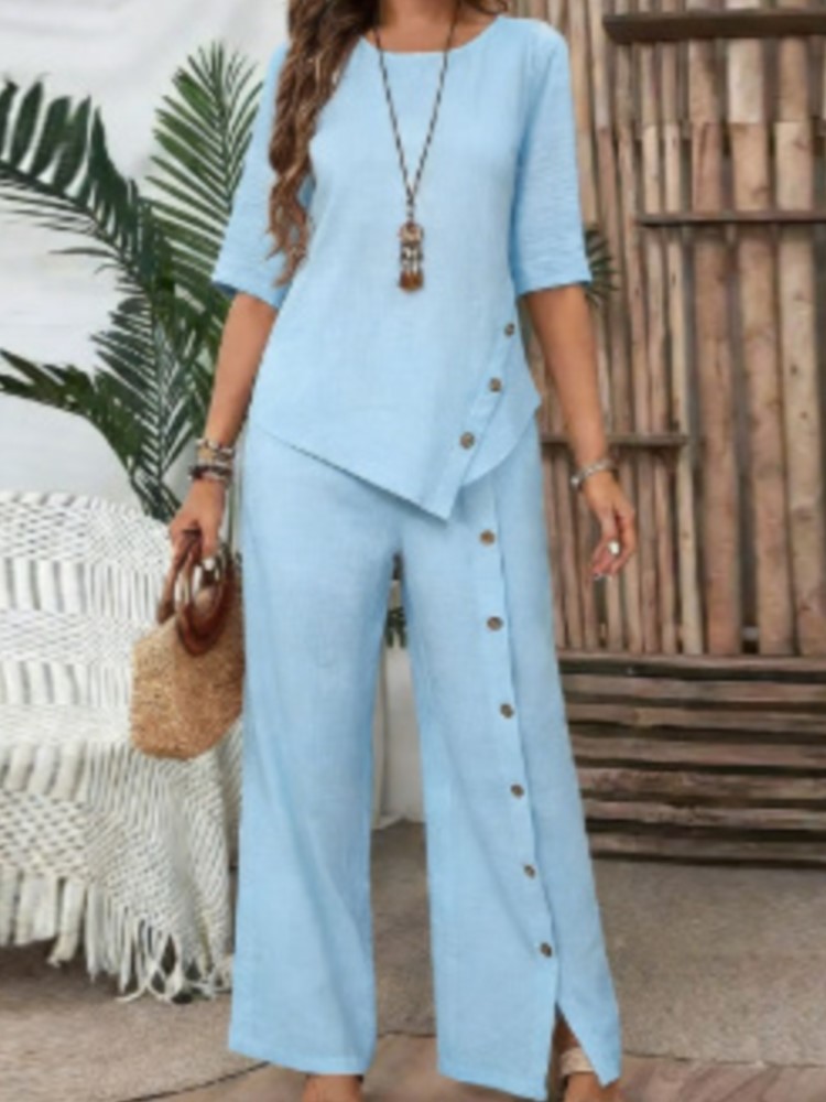 女性のファッションソリッド不規則な裾シャツパンツツーピースセ - Wide Leg Palazzo Pants のレビューと価格